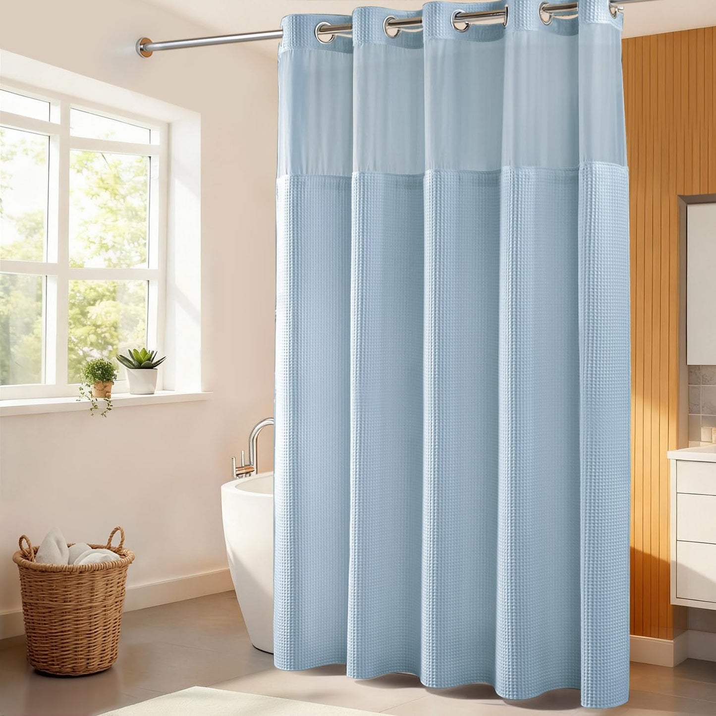River Dream Misty Blue Fabric Shower Curtain Set, Cotton Blend, Waffle Weave, with Snap in Replacement Liner，71 x 74 inches