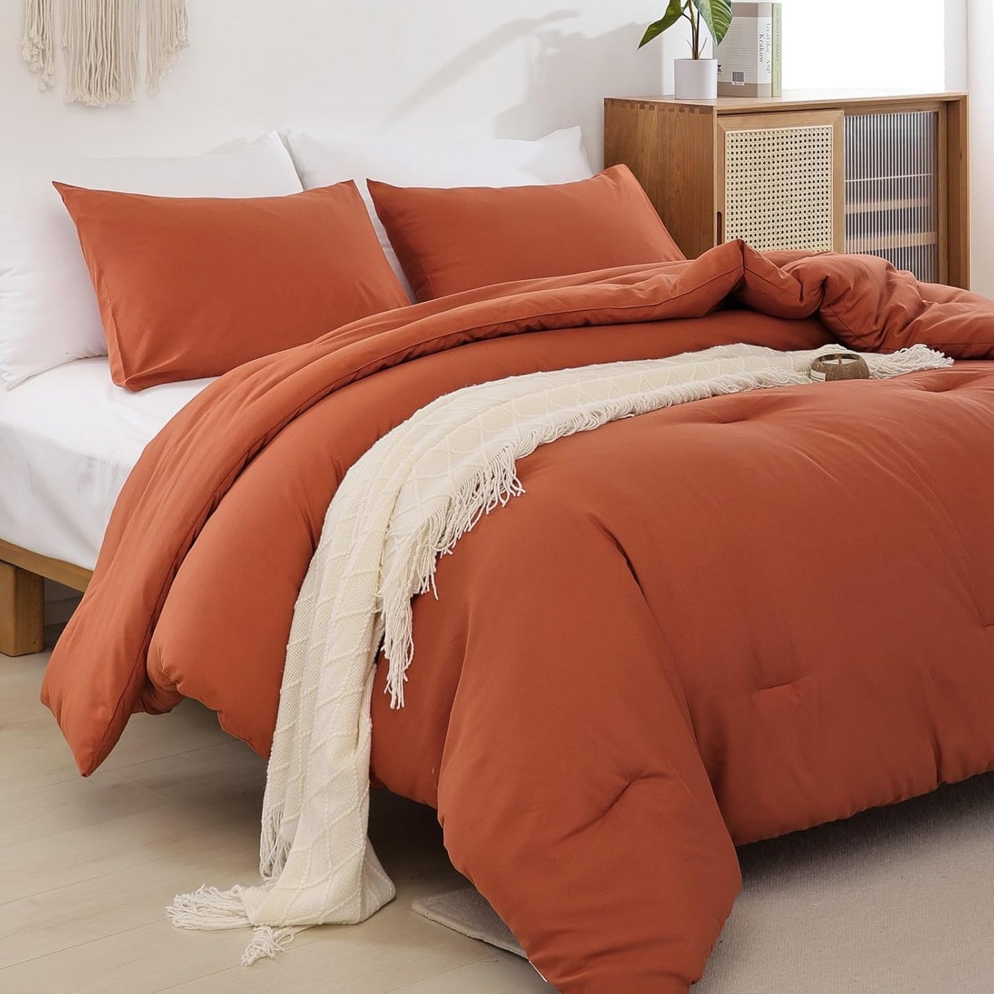 ROSGONIA California King Comforter Set Burnt Orange,3pcs(1 Boho Terracotta Cal King Comforter & 2 Pillowcases),All Season Rust Blanket Quilt Oversized