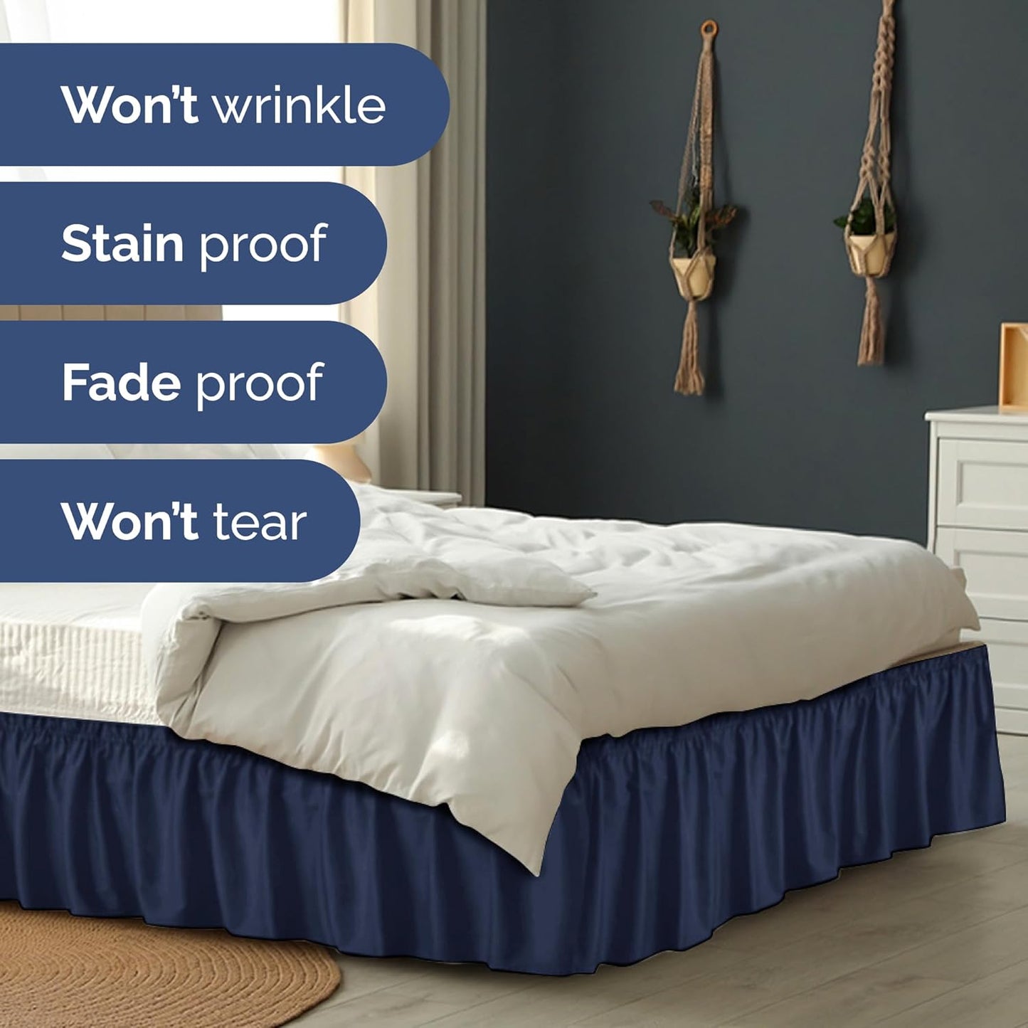 Wrap Around Dust Ruffle Bed Skirt - Navy Blue - for Full Size Beds with 15 Inch Drop - Elastic Strap - Adjustable Pleated Bedskirt with Brushed Fabric and Wrinkle Free - for Women, Men, Kids & Teens
