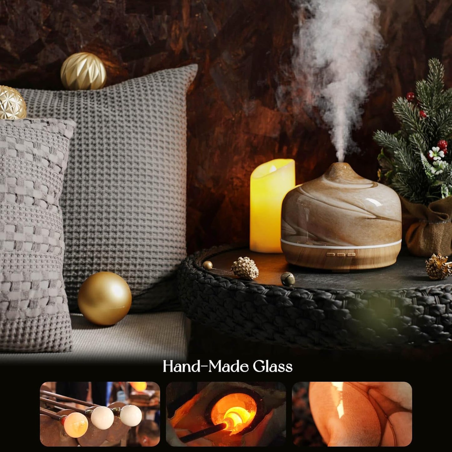 Porseme 500ml Glass Essential Oil Diffuser Aromatherapy Ultrasonic Cool Mist Humidifier 15-21 Running Hours Waterless Auto-Off Air Diffusers for Sleeping,Yoga,Office Working,Spa and Rest (Desert)