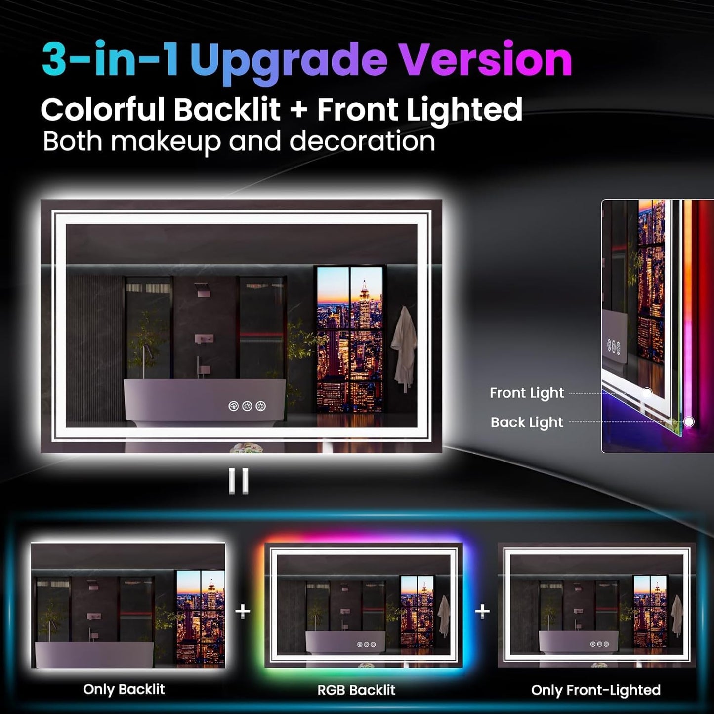 LED Mirror for Bathroom, 55"X36" with 8 RGB Backlit +3 Front Lit (Adjustable Individually), Anti-Fog, Large Lighted Bathroom Vanity Mirror for Wall,Shatterproof,Memory Function,Tempered Glass