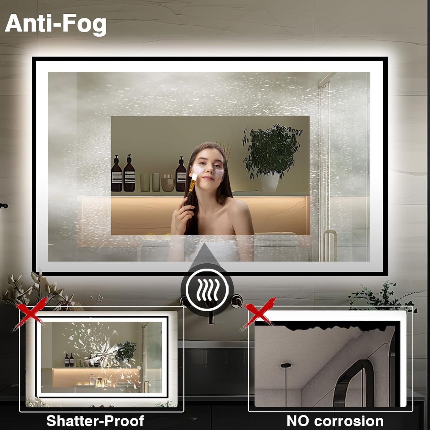 66x36 LED Lit Bathroom Mirror - Black Framed, Front and Backlit LED Mirror, Anti-Fog Bathroom Mirror with Lights, 3 Colors Stepless Dimmable Mirror, Touch Sense (Horizontal/Vertical)