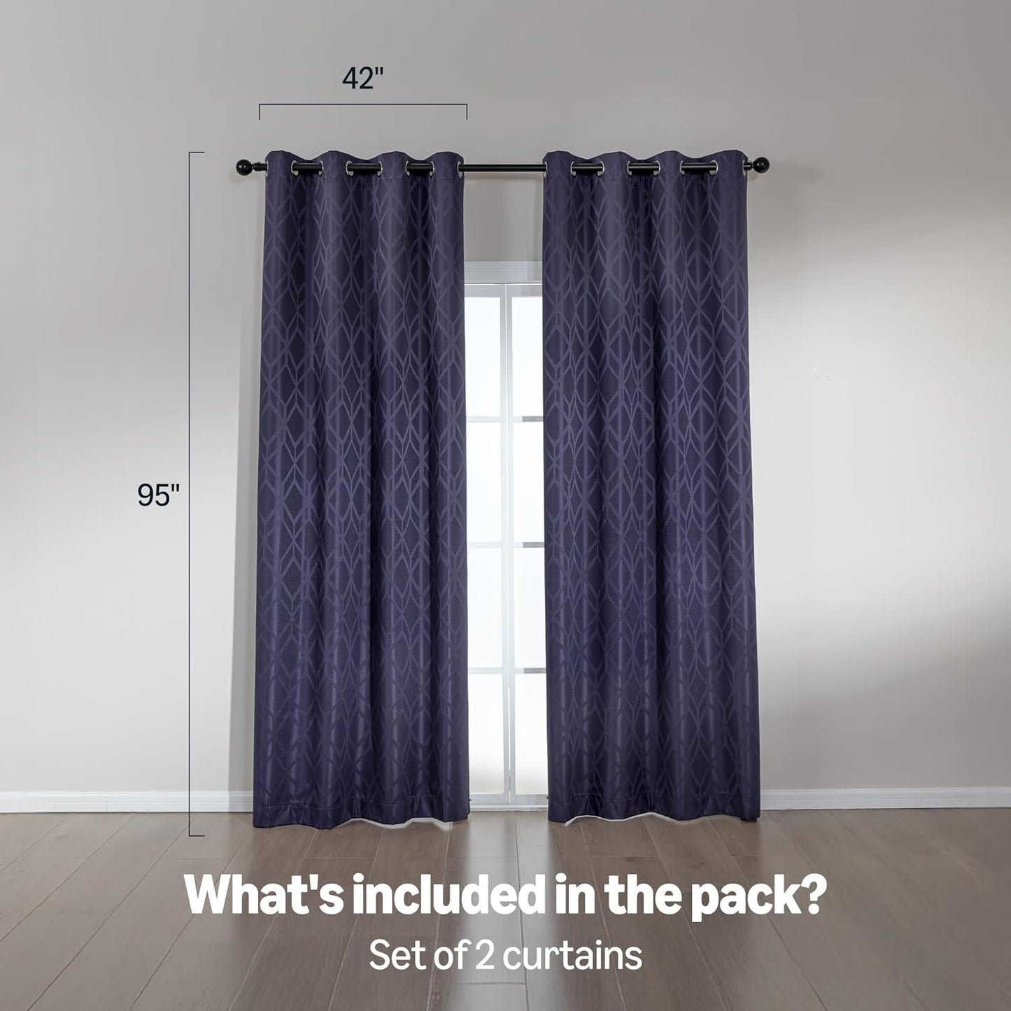 Amazon Basics Jacquard 2-Piece 100% Blackout Curtains, Living Room and Bedroom Drapes, Thermal Insulated Window Treatment, 42"x95", Dark Blue