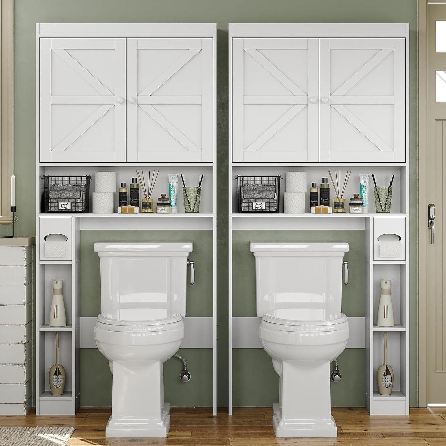 Furniouse Over The Toilet Storage Cabinet 32.3''W Wood Bathroom Storage Cabinet with Doors & Adjustable Shelves Free Standing Toilet Shelf, White
