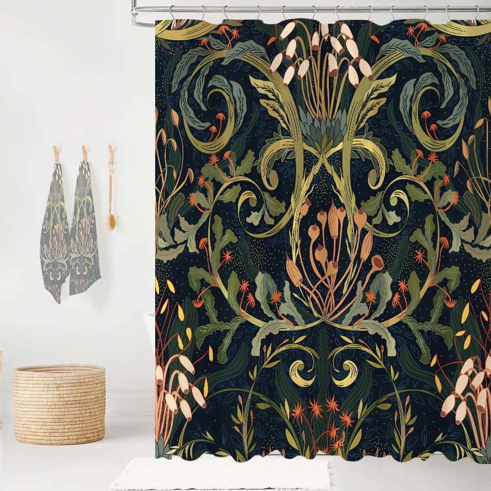 Vintage Black and Green Floral Shower Curtain Dark Bontanical Moss Bathroom Curtains Mid Century Bathroom Decor 72Wx72H Waterproof Polyester