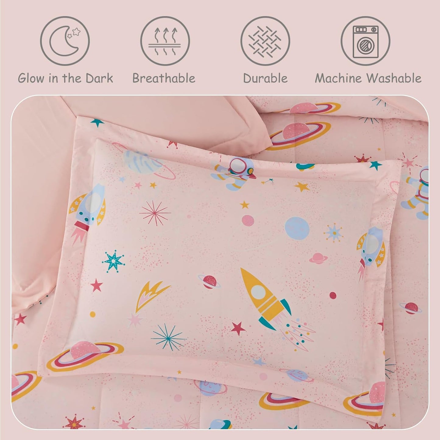 Glow in The Dark Kids Comforter Set Full Size for Girls, Planet Bedding Set 1 Comforter, 1 Decor Pillow, 2 Pillow Shams