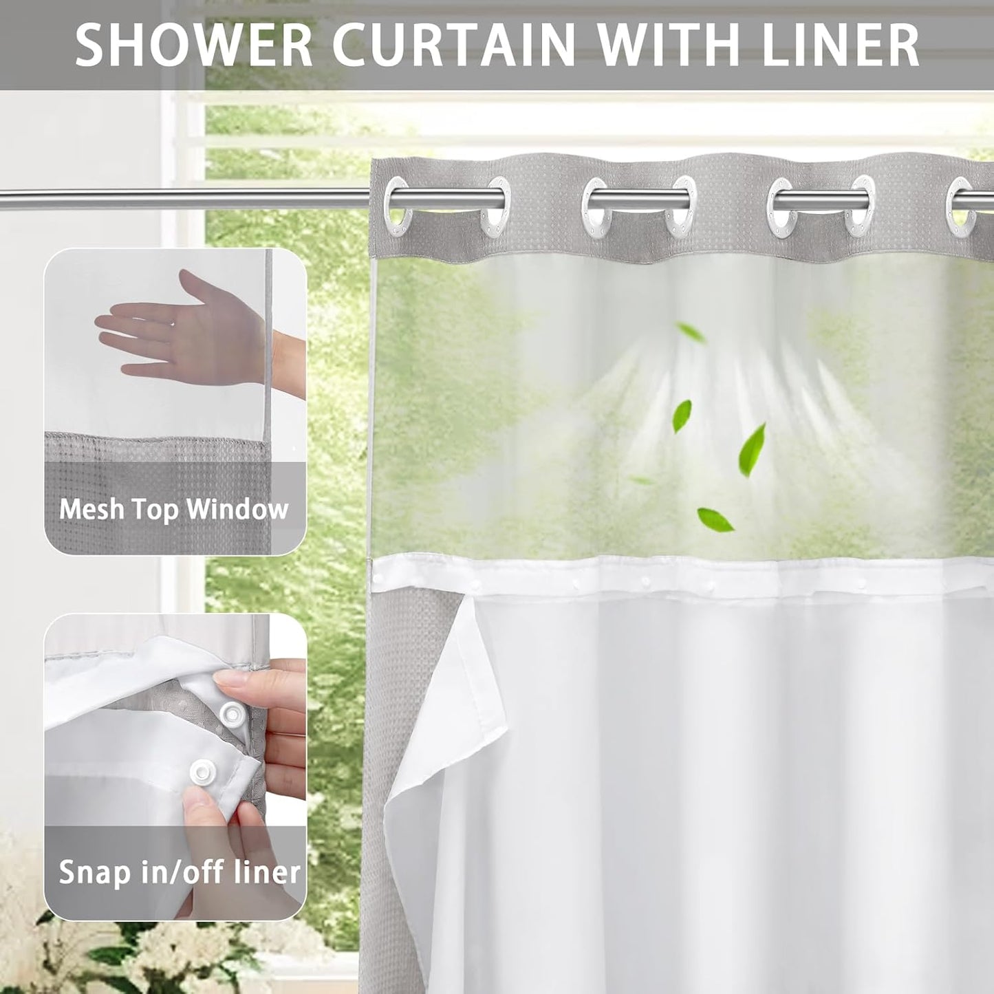 YellyHommy No Hook Shower Curtain with Snap in Liner Set Less Time Light Gray Waffle Shower Curtain for Bathroom 87" L x 72" W Light Grey