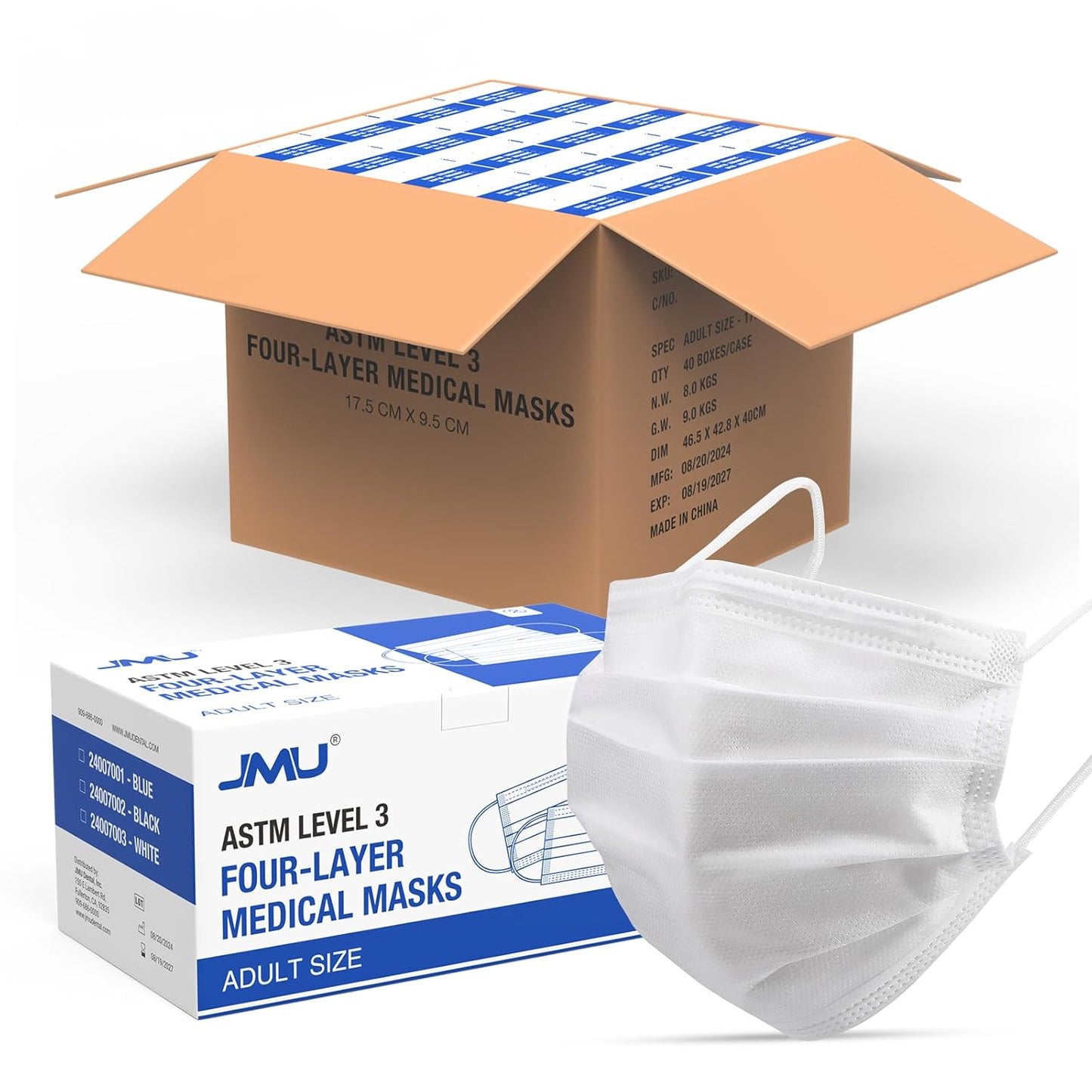 JMU Disposable Face Masks, (40Box, 2000Pcs) 4-Ply ASTM Level 3 Medical Mask for Adults, White