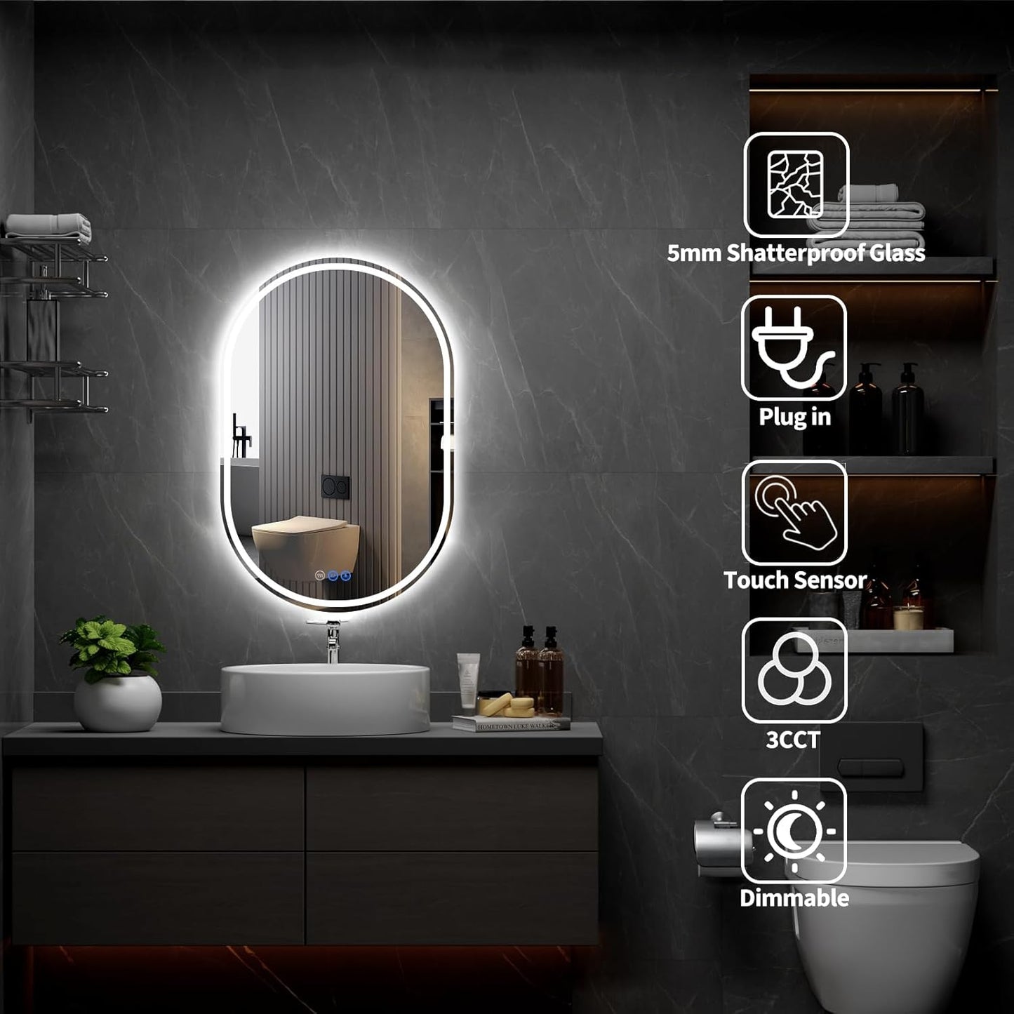 Bathroom Mirror 24"x40" LED Bathroom Mirror with Lights, Anti-Fog, Dimmable Oval Mirrors with Front Light and Backlit, Modern Farmhouse Wall Mounted Mirror for Decorative