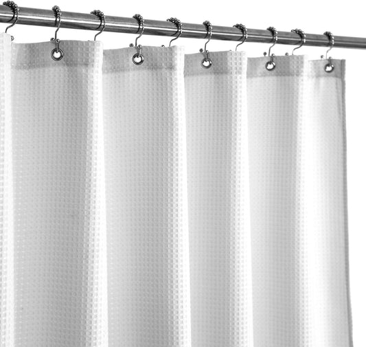 Barossa Design Waffle Weave Fabric Shower Curtain Hotel Spa Luxury - White Heavyweight Curtains for Bathroom with Cloth Pique Pattern, Water Repellent, 71 x 72 Inches Shower Decorative