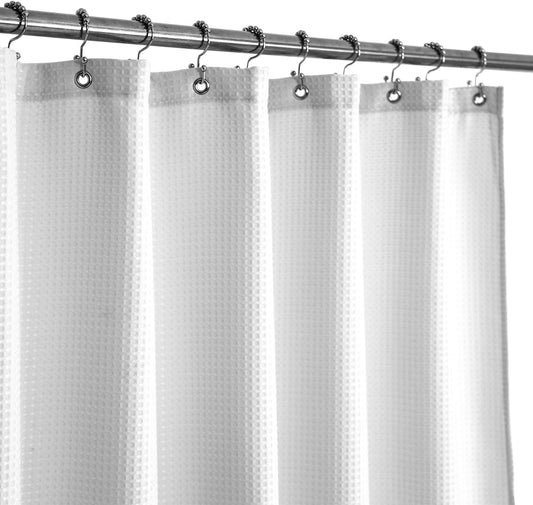 Barossa Design Long Shower Curtain with 78 inch Height, Fabric, Waffle Weave, Hotel Luxury Spa, Water Repellent, Machine Washable, 230 GSM Heavy Duty, White Pique Pattern Decorative Bathroom Curtain