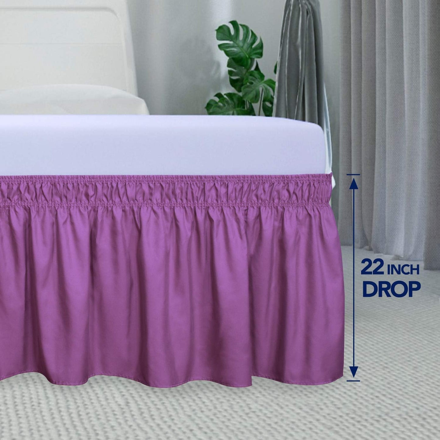PureFit Wrap Around Ruffled Bed Skirt with Adjustable Elastic Belt - 22 Inch Drop Easy to Put On, Wrinkle Free Bedskirt Dust Ruffles, Bed Frame Cover for Queen, King and C-King Size Beds, Purple