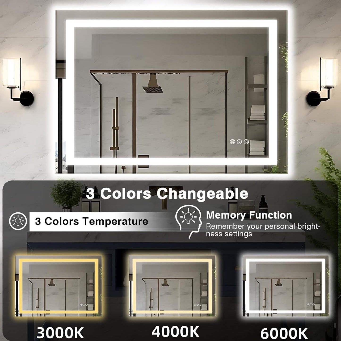 48"x36" LED Bathroom Mirrors for Wall, Front and Backlit Mirror, Anti-Fog Vanity Mirror with Lights, Stepless Dimmable Lighted Mirror, 3 Colors Smart Mirror (Horizontal/Vertical)