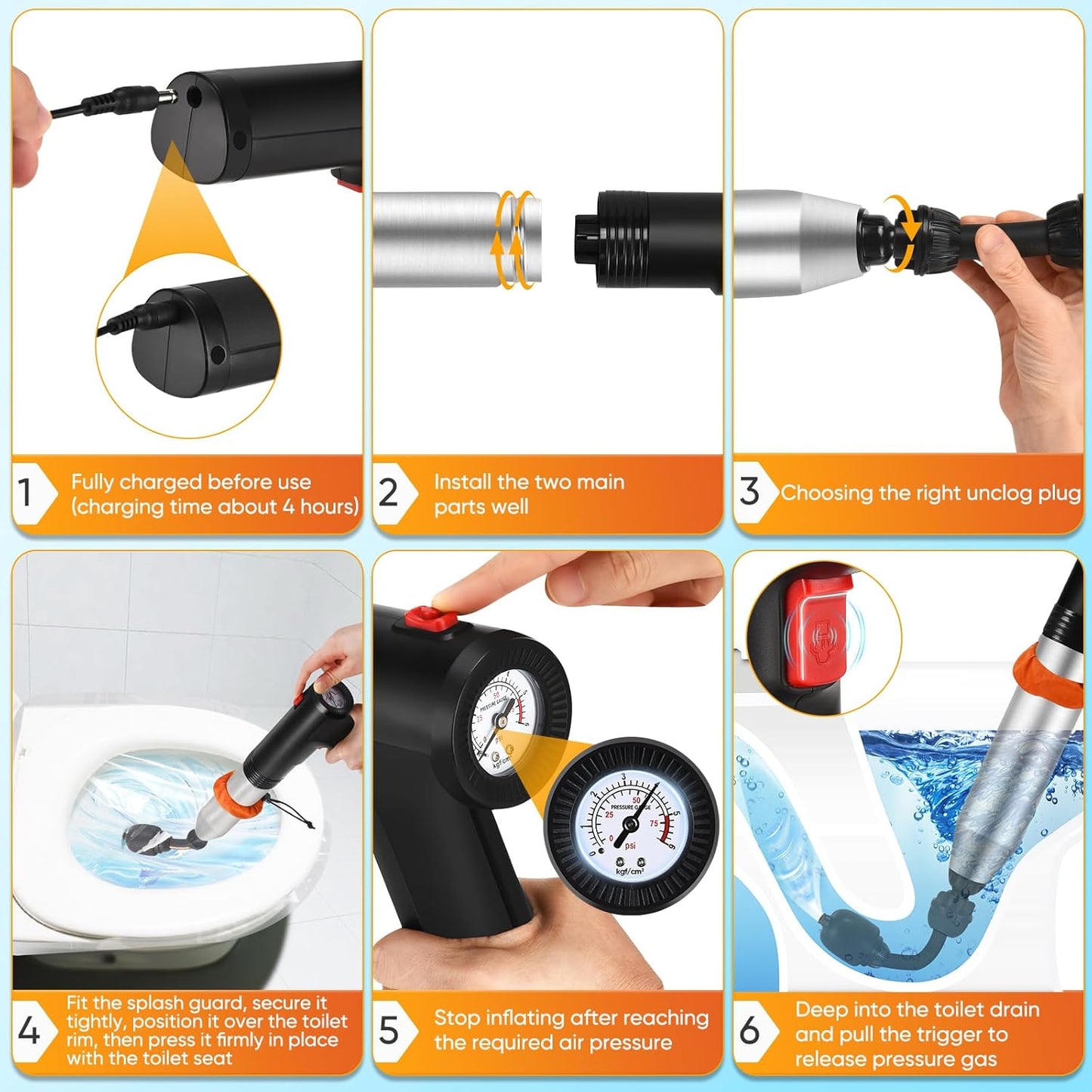 Electric Toilet Plunger, Drain Unclogger Plungers High Pressure Air Drain Blaster with Drain Auger, Splash-free Plungers for Bathroom, Plumbing Snake for Toilet, Clog Remover Heavy Duty(Black)