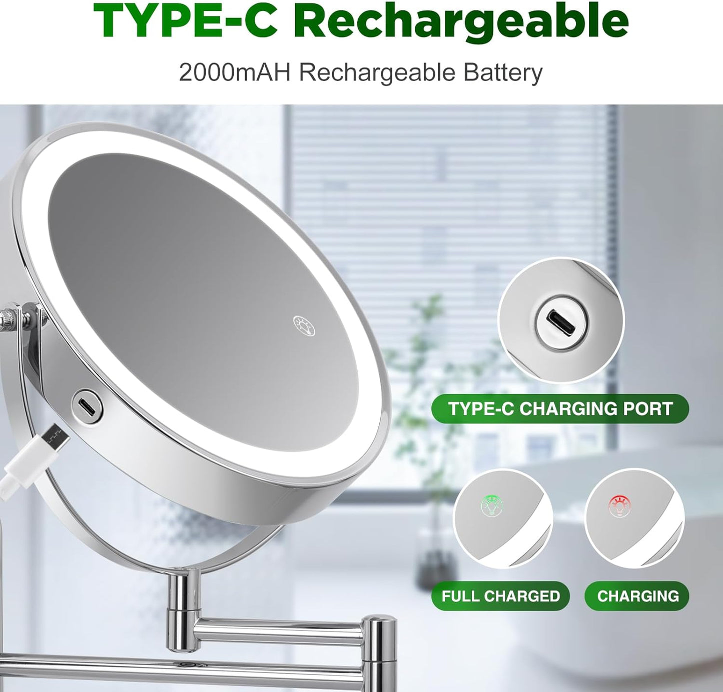 30X Wall Mounted Makeup Mirror, 3 Color Modes & Adjustable Light, Bathroom Vanity Makeup Mirror with 360 Rotation Extendable Swivel Arm,Double Side Magnifying Mirror - Chrome