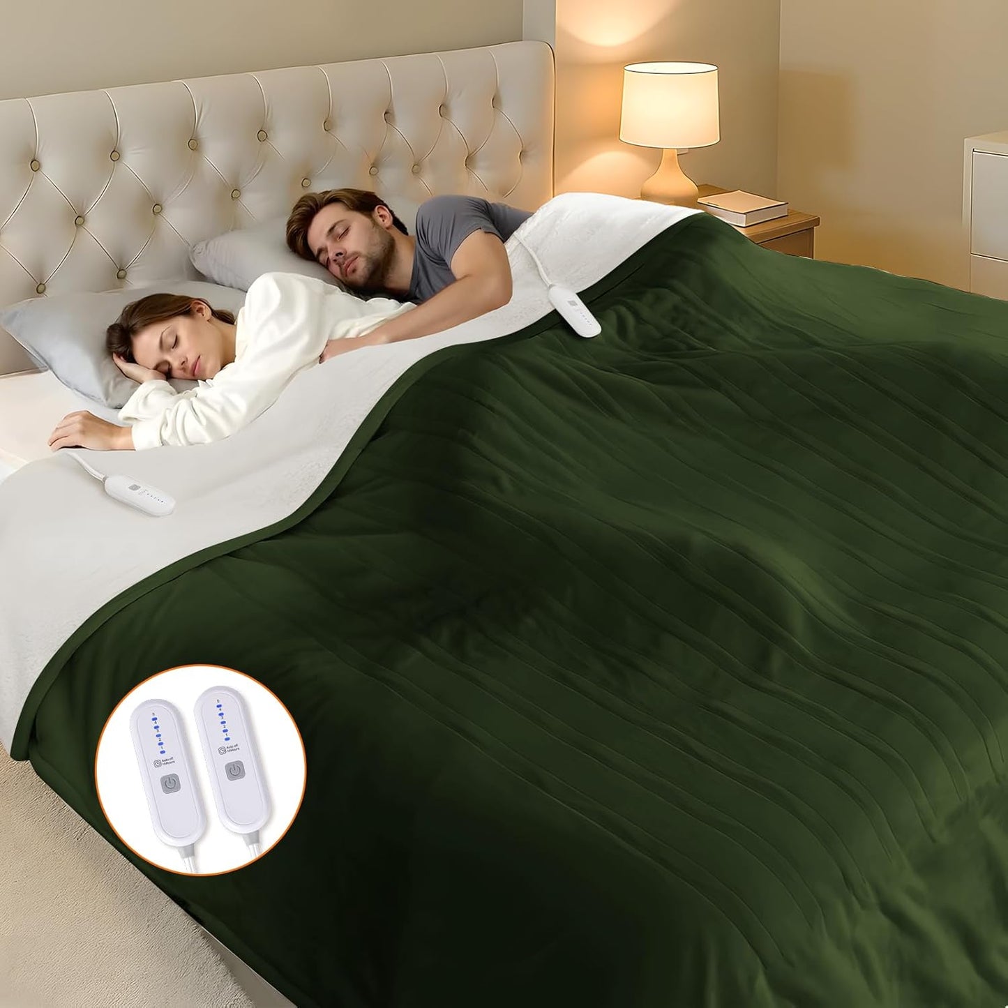 Heating Blanket Queen Size Washable - 84 x 90 Inch Double Zone Electric Blanket with 10 Hours Auto Off, 5 Heat Settings, Soft Flannel Sherpa Heated Blanket for Bed, ETL Certified, Green