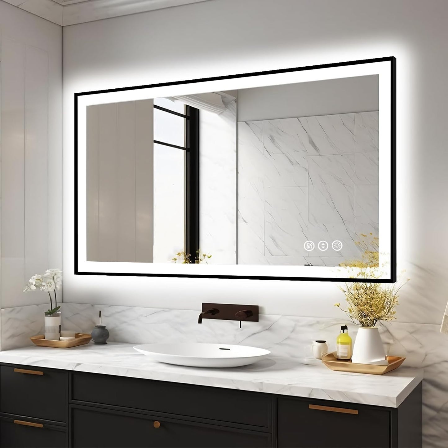 48x32 LED Bathroom Mirrors for Wall -Black Aluminum Framed (Front and Backlit), Anti-Fog Vanity Mirror With Lights,Stepless Dimmable Lighted Mirror,3 Colors Smart Mirror(Horizontal/Vertical)