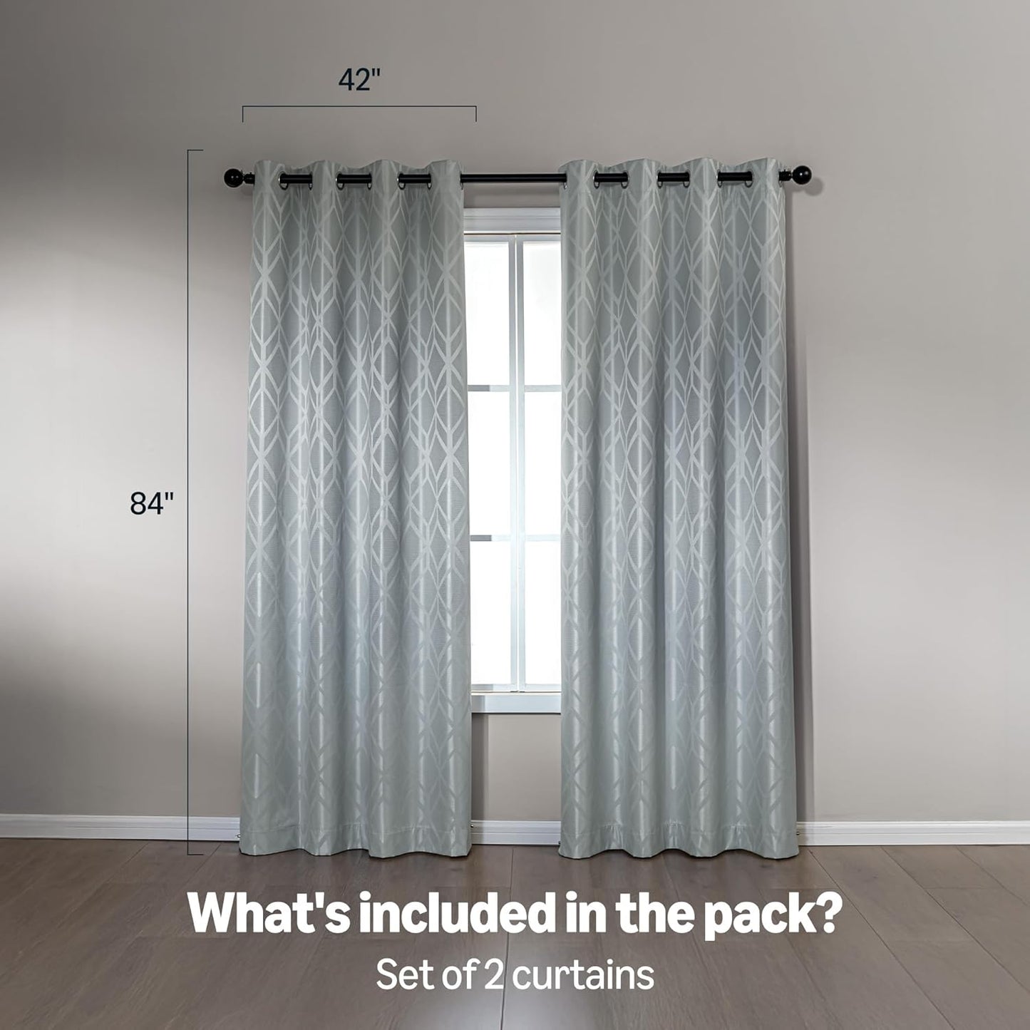 Amazon Basics Jacquard 2-Piece 100% Blackout Curtains, Living Room and Bedroom Drapes, Thermal Insulated Window Treatment, 42"x84", Light Grey