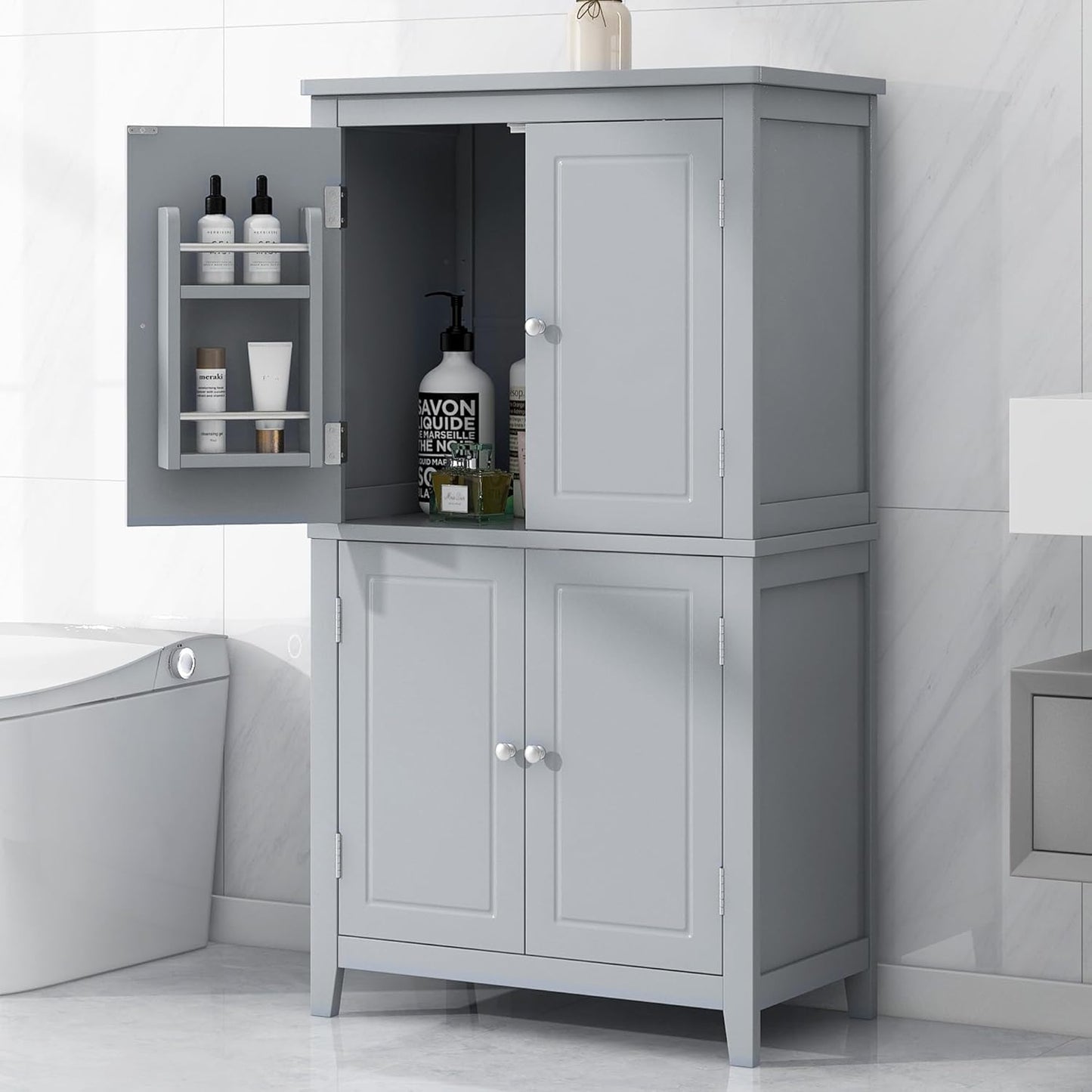 Freestanding Storage Cabinet with 4 Doors,Elegant Organizer Unit with Adjustable Shelves, Sturdy MDF Frame, Anti-Tipping Design, Large Capacity for Bathroom, Kitchen, Office, Home, Grey