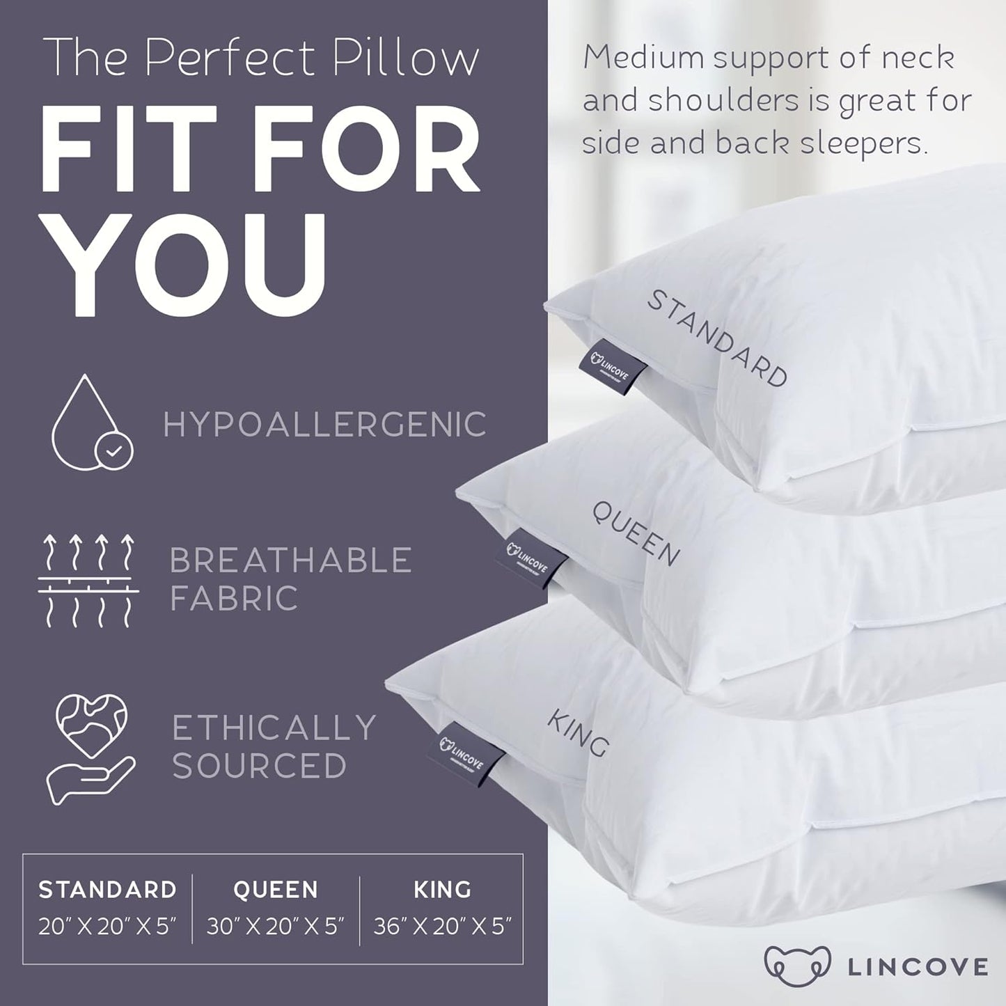 Lincove Recreation Sleeping Pillow, Filled with Premium Down, 600 Fill Power – Includes A Pillow Protector, 400 Thread Count Pillow Shell, Queen - Firm, 2 Pack