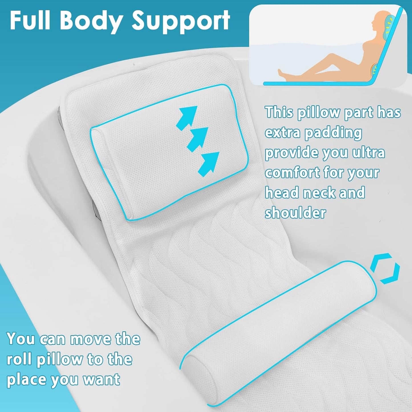 AEROiVi Full Body Bath Pillow with Lumbar Pillow Bathtub Cushion with 14 Suction Cups 3D Air Mesh Fit Any Tub Luxury Bathroom Accessories