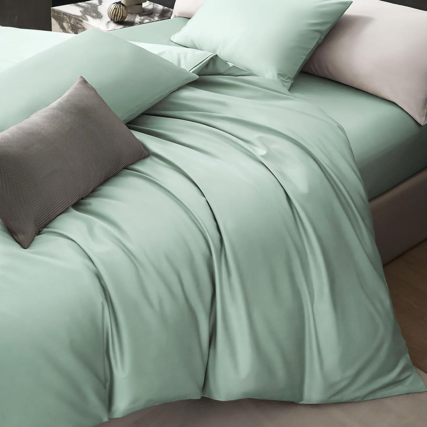 PURE ERA Duvet Cover Set 800 Thread Count Long Staple Cotton Sateen Silky Soft Luxurious Smooth 3 Piece Set Light Sage Green Queen