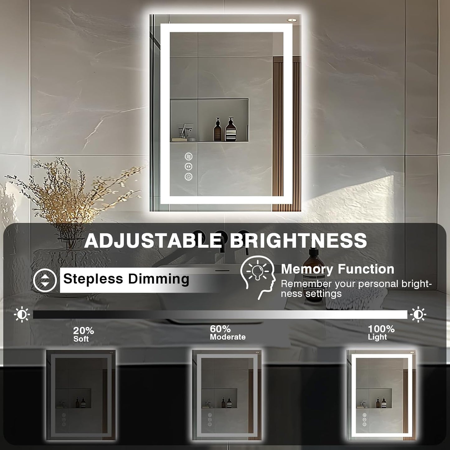 24"x32" LED Bathroom Mirror - Front & Backlit, Anti-Fog Vanity Mirror with Dimmable Lights, 3 Colors Smart Mirror (Horizontal/Vertical)