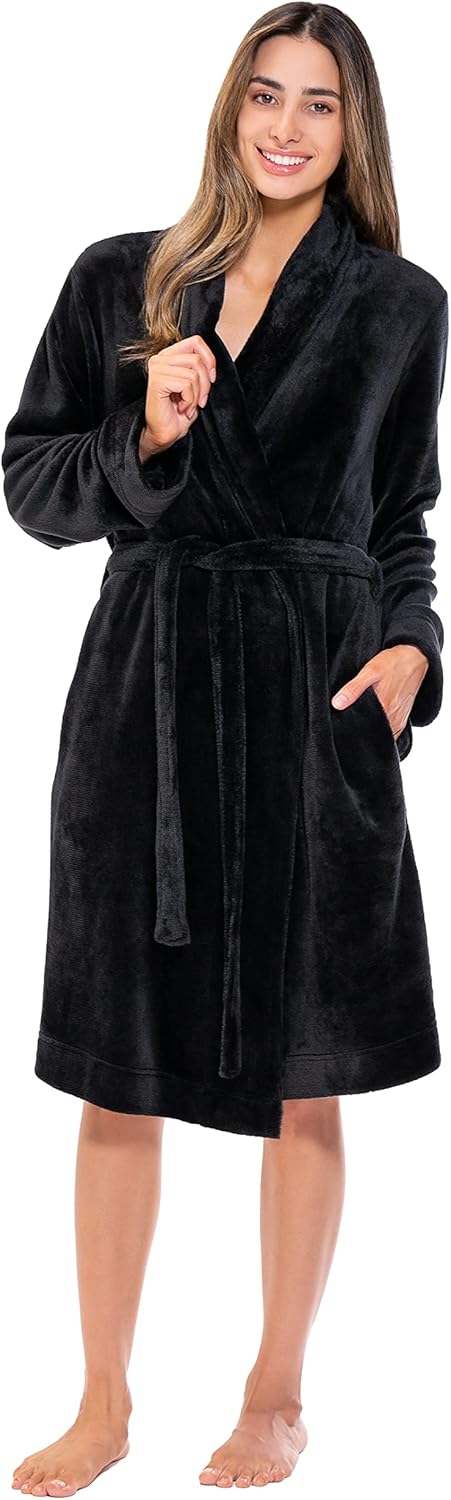 Turquaz Robes For Women, Womens Fleece Shawl Collar Soft Plush Knee Length Spa Robe