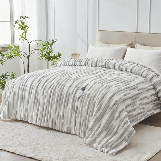 Heated Blanket Full - 72"x84" Fast Heating Bed Electric Blankets with 6 Heating Levels & 10 Hours Auto Off, Soft Ribbed Faux Fur Sherpa, Over-Heated Protection ETL, Light Gray