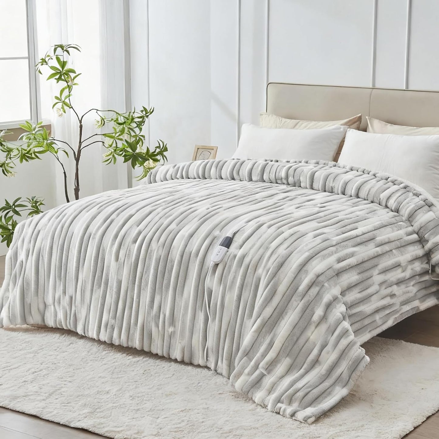 Heated Blanket Twin - 62"x84" Fast Heating Bed Electric Blankets with 6 Heating Levels & 10 Hours Auto Off, Soft Ribbed Faux Fur Sherpa, Over-Heated Protection ETL, Light Gray