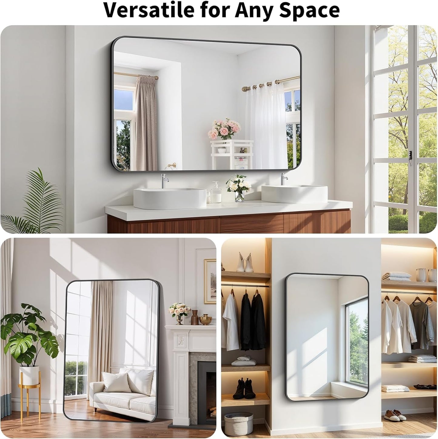 Koonmi Black Framed Bathroom Mirror - 36x55 Inch Shatterproof Tempered Glass Vanity Mirror for Bathroom Sink, Wall Mounted with Matte Aluminum Alloy Frame, No Distortion, Modern Decor