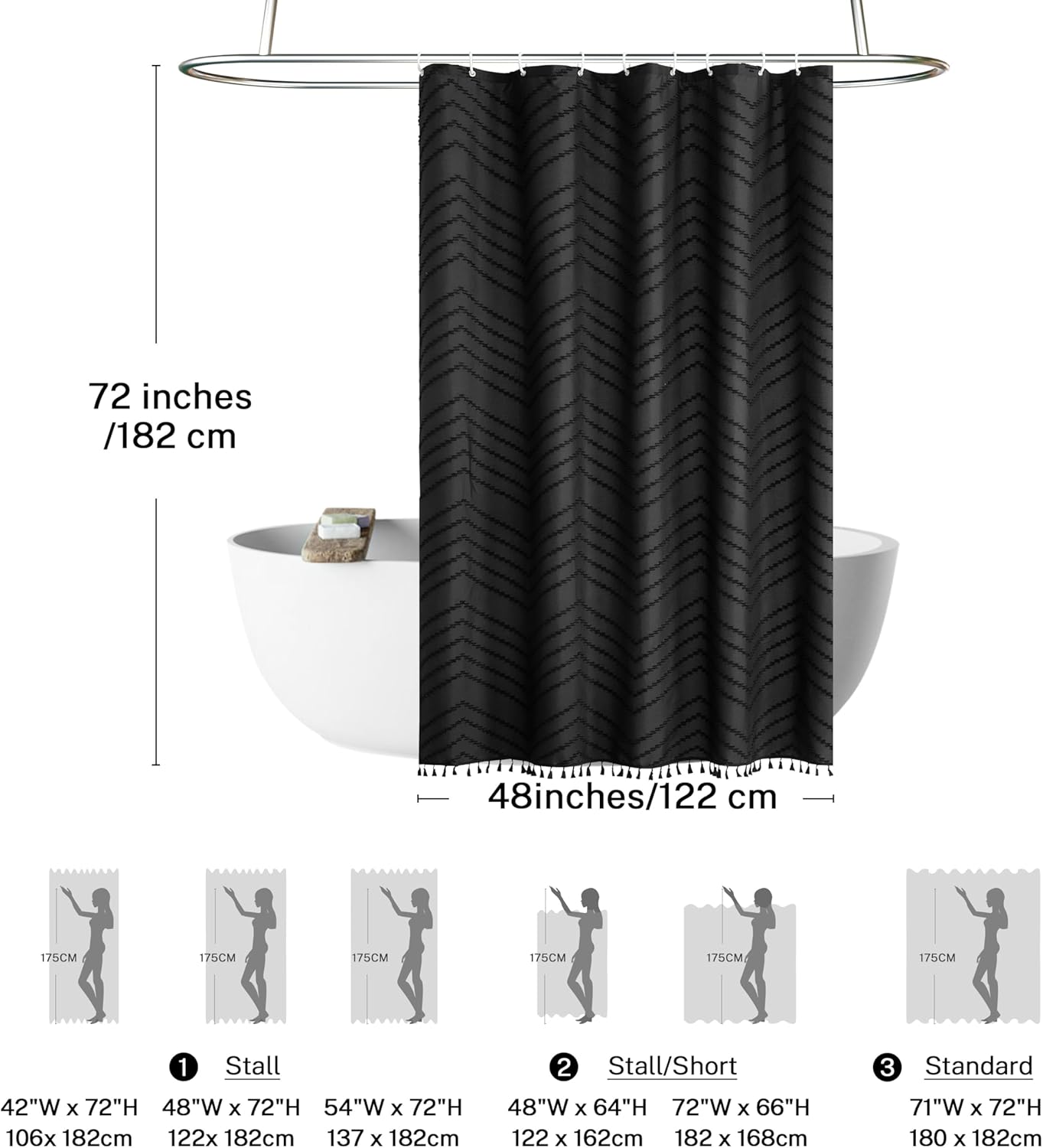 Stall Boho Woven Fabric Shower Curtain 48 x 72 Modern Farmhouse Textured Tufted Chevron Striped Minimalist Black Tassel Bathroom Curtain
