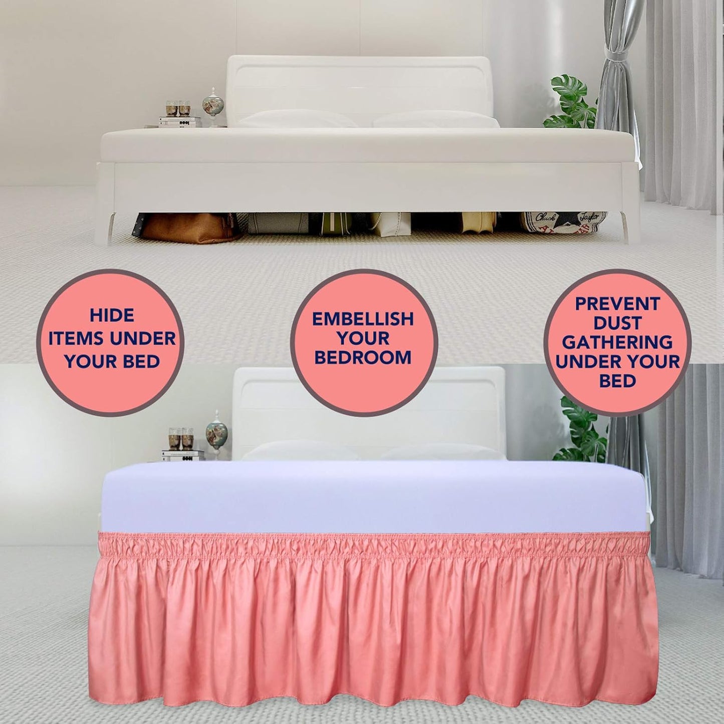 PureFit Wrap Around Ruffled Bed Skirt with Adjustable Elastic Belt - 22 Inch Drop Easy to Put On, Wrinkle Free Bedskirt Dust Ruffles, Bed Frame Cover for Queen, King and C-King Size Beds, Pink