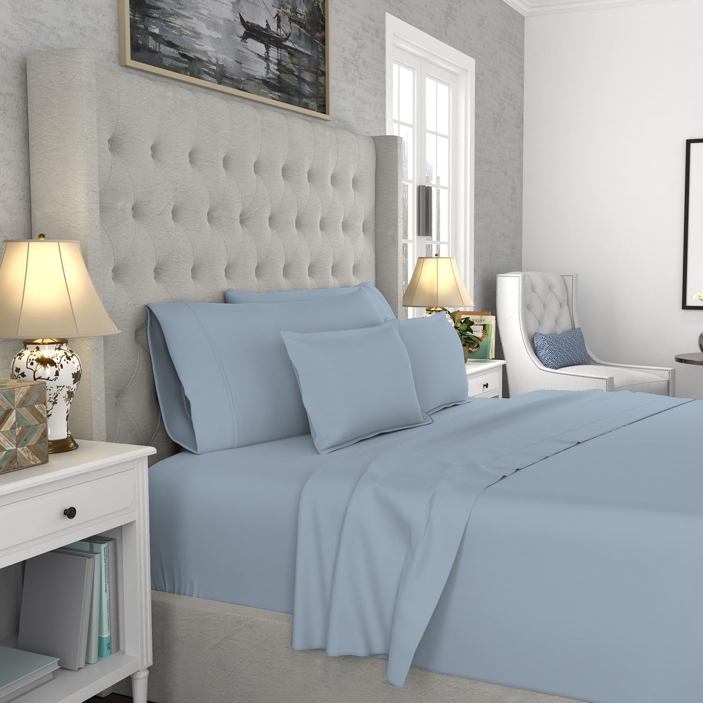 SUPREME ELEGANCE Hotel Luxury Cotton Blend Blue Sheet Set Queen Size, 1200 Thread Count Ultra Soft Sateen Sheet Set, Moisture Wicking & Wrinkle Resistant, Easy Care Fall Bedding Set