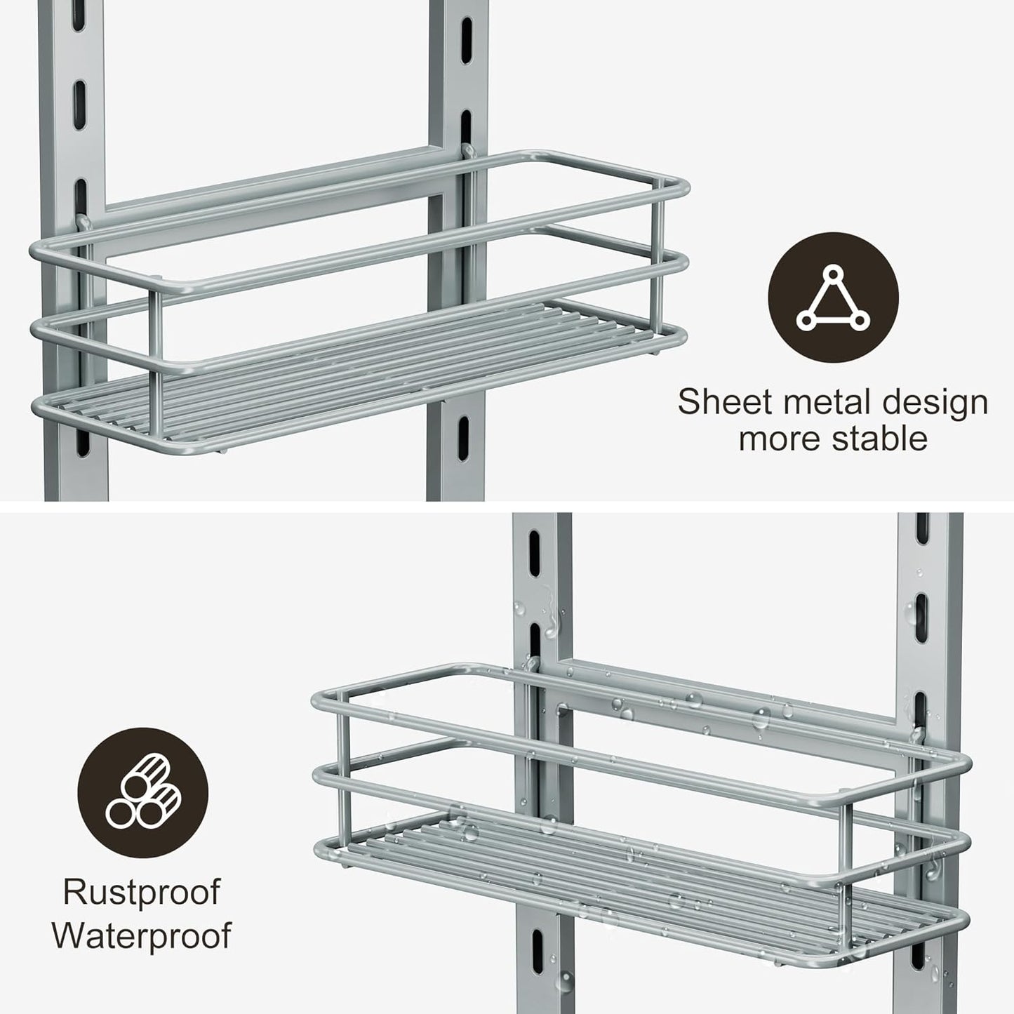 Orimade Adjustable Anti-Slip Shower Caddy Over Shower Head, Rustproof Bathroom Hanging Shower Organizer with 2 Hooks for Razor, No Drilling Shower Shelves Storage Rack 2 Tier, Light Grey
