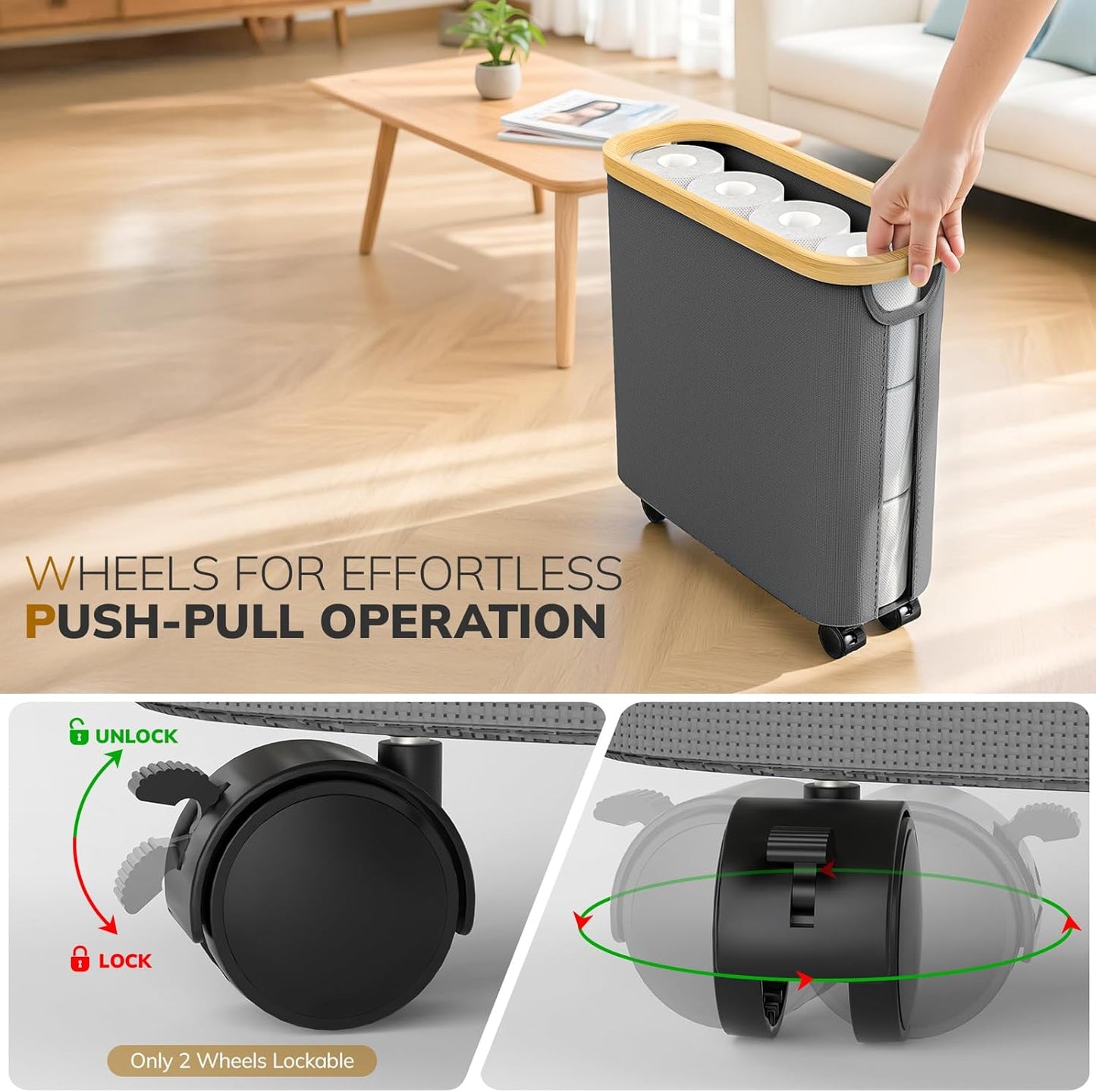 Toilet Paper Storage with Wheel Bamboo Toilet Paper Holder with Lid and Handle Toilet Papers Organizer for Bathroom Free Standing 30L Papers Basket for 9-12 Rolls Bathroom Accessories, Grey