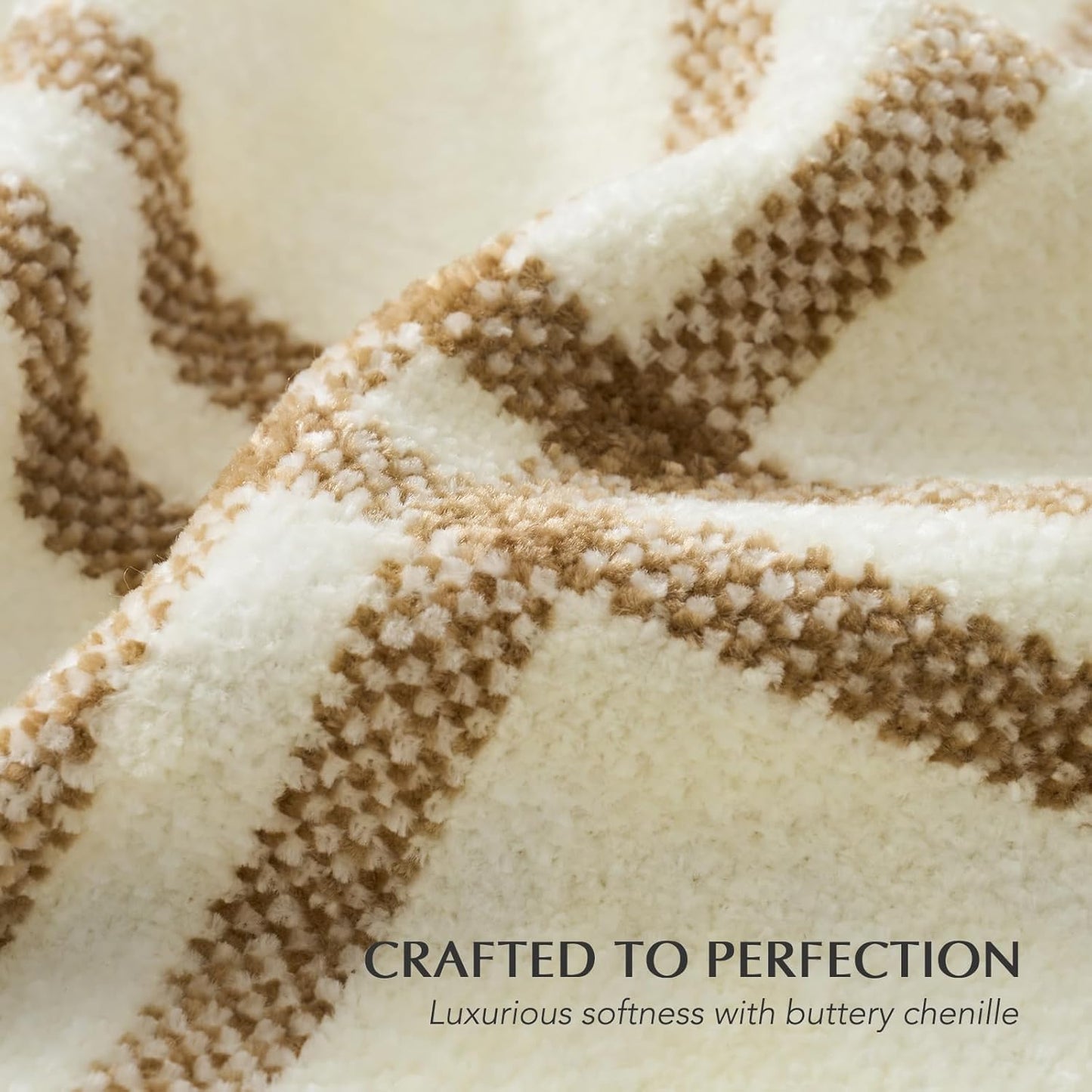 EVERGRACE Plaid Chenille Throw Blanket for Couch, Super Soft Cozy Decorative Windowpane Grid Plaid Throw with Tassels, Lightweight Chenille Knit Throw for Bed Sofa Gift, Cream & Beige 50"x60"