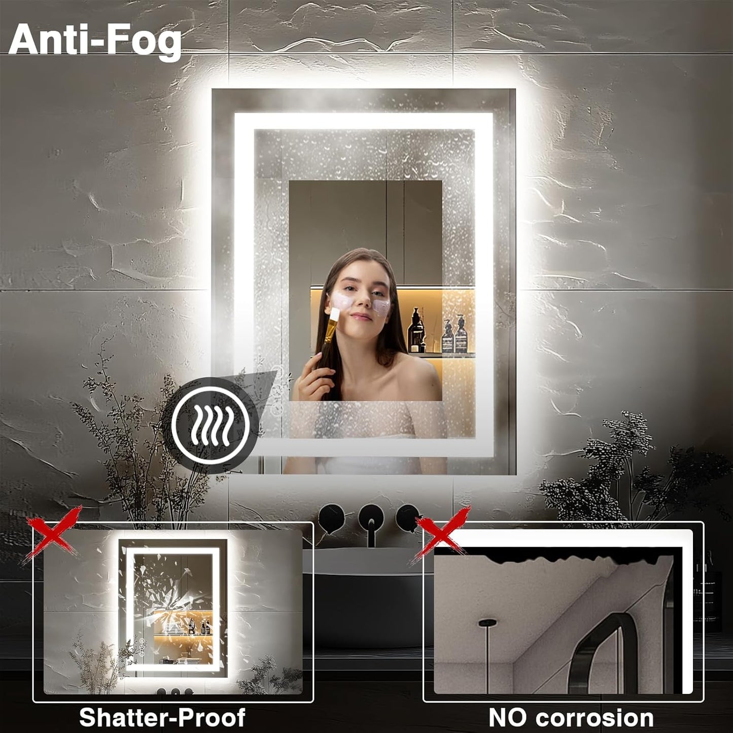 24"x36" LED Bathroom Mirrors for Wall, Front and Backlit, Anti-Fog Vanity Mirror with Lights, Stepless Dimmable Lighted, 3 Colors Smart Mirror (Horizontal/Vertical)