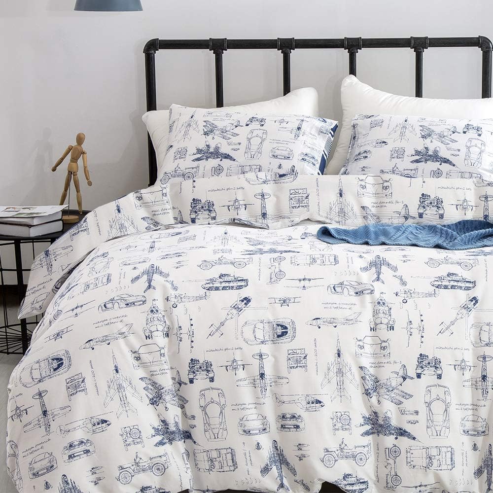 KAREVER Aircraft Comforter Set Queen Boys White Cartoon Bedding Set Alternative Comforters Airplane Car Tank Printed Bedding Blanket Full for Children Teen Boy with Microfiber Inner Insert