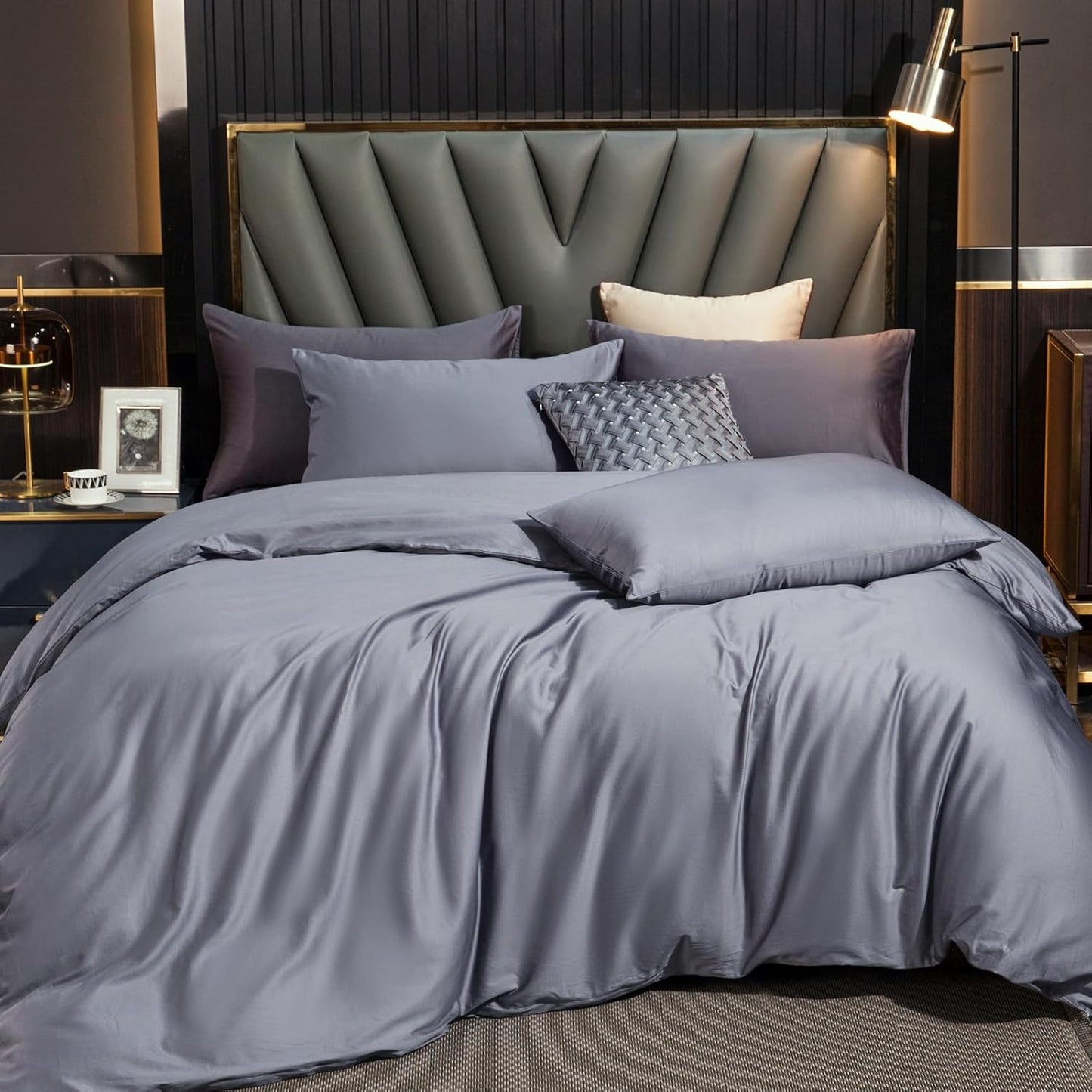 MooMee Duvet Cover Set 100% Extra Long Staple Cotton 600 Thread Count Silky Sateen Smooth Luxury Soft Breathable Durable Hotel Quality Bedding, 3 Pieces (Blueish Grey, King 104"x90")