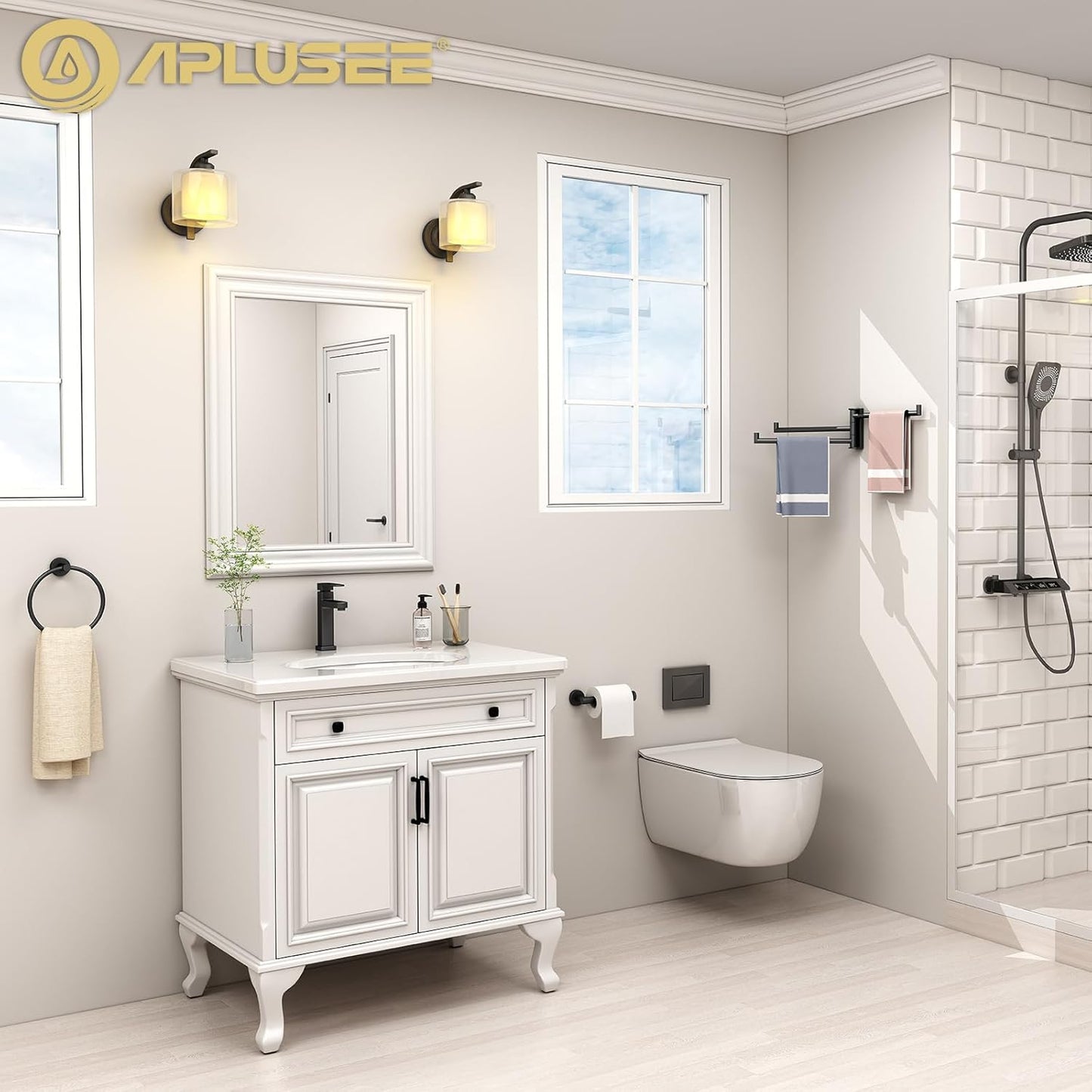 APLusee Matte Black 2 Pieces Bath Accessories Set, Hand Towel Ring and Toilet Paper Holder, Stainless Steel Bathroom Hardware, Wall Mounted