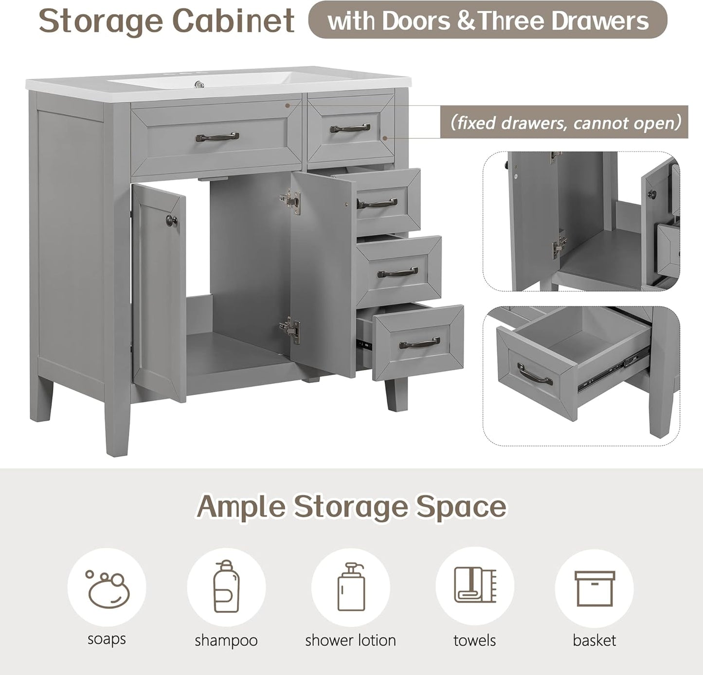 Favfurish 36" Bathroom Vanity with Sink Combo,Bathroom Vanity Cabinet with Two Soft-Closing Doors and Four Drawers,Free Stading Vanities w/Modern Design,for Bathroom,Easy Assembly,Grey