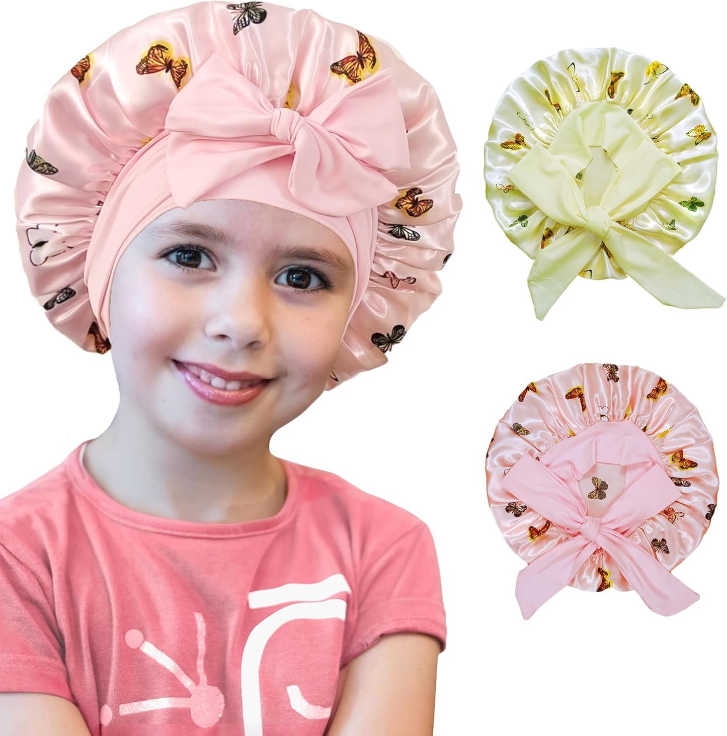 2 PCS Kids Bonnets for Girls, Silk Bonnet for Kids, Satin Bonnet for Sleeping, Baby Toddler Tie Bonnet Sleep Cap
