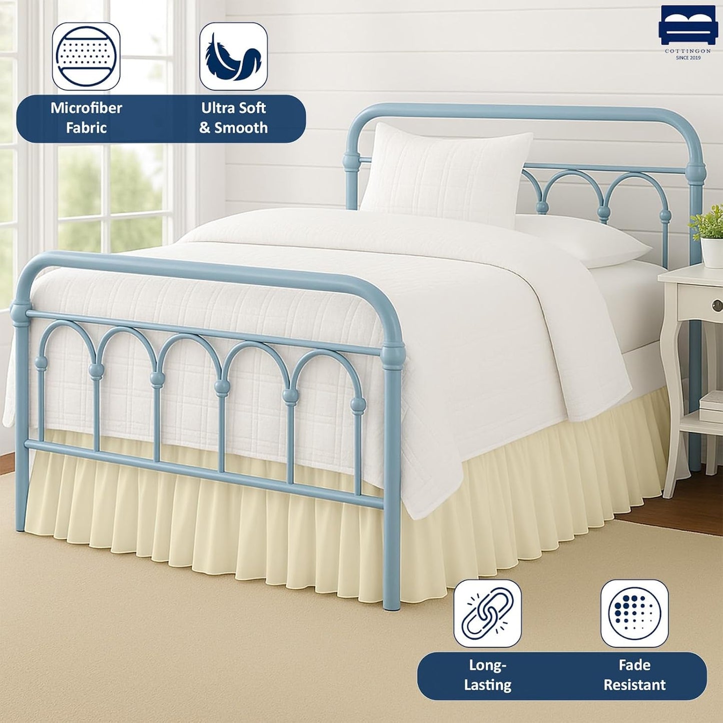 Cottingon Ruffled Bed Skirt with Split Corners-Dust Ruffle - 12" Drop 100% Microfiber Soft,Sheen & Luxurious Look - Bed Skirts (Ivory -Queen)