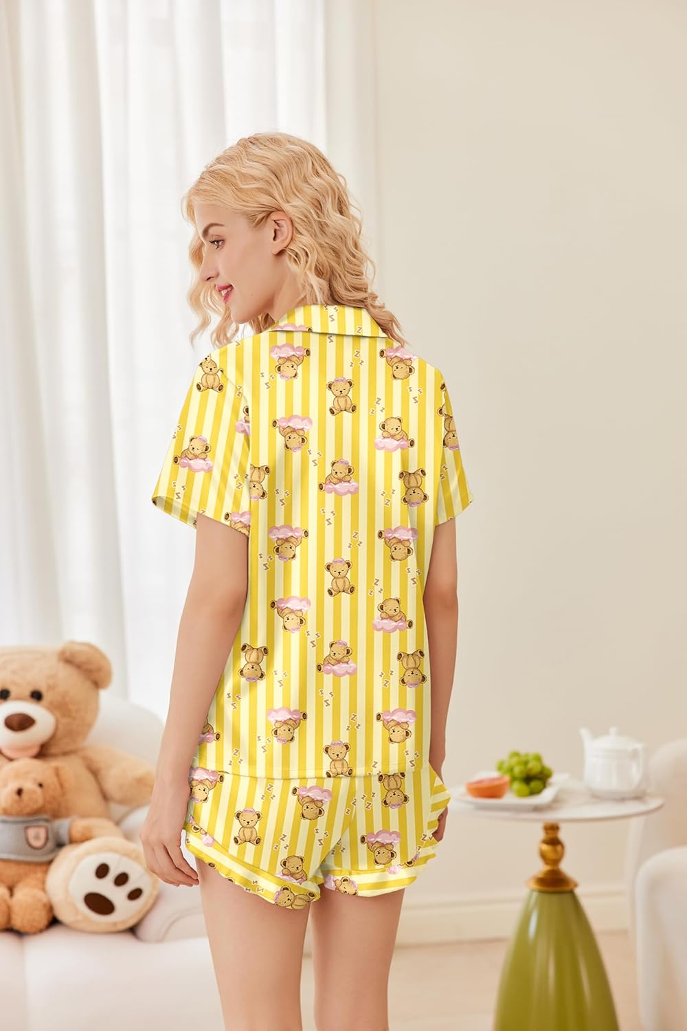 Ekouaer Womens Satin Pajamas Set Button Down 2 Piece Silk Pjs Shorts Set Ruffle Lingerie Notch Collar Sleepwear