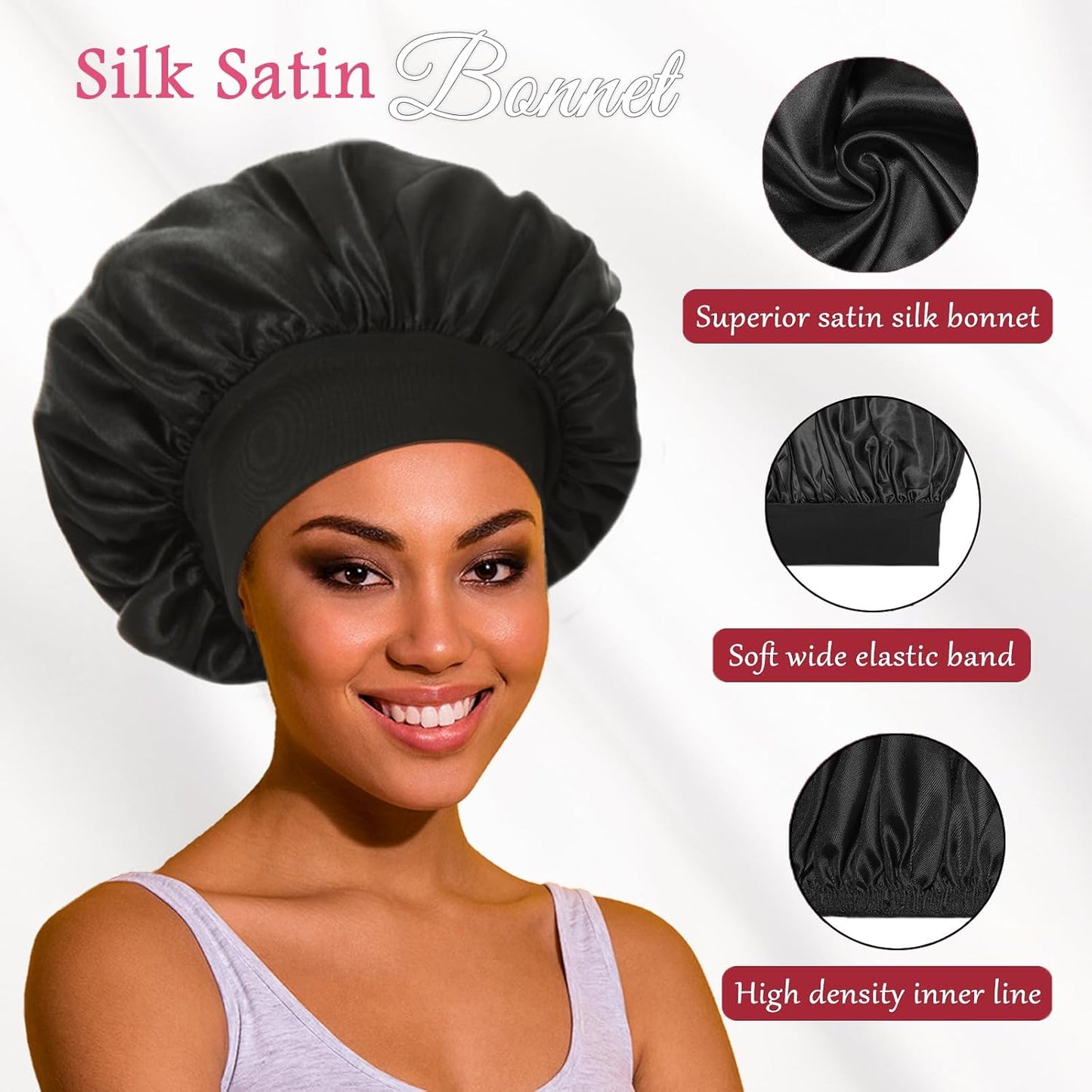 2pcs Satin Bonnets for Women, Silk Hair Bonnet for Sleeping, Wide Soft Band Large Silky Sleep Cap for Curly Hair Braids
