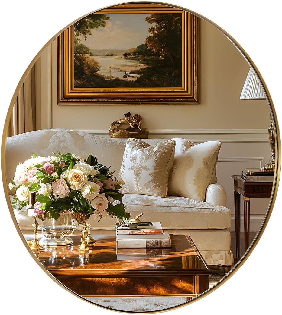 ANDY STAR Round Gold Mirror 30 inch, Brass Mirror with Brushed Gold Frame, Wall Mounted Stainless Steel Metal Frame Round Mirror for Bathroom, Living Room, Bedroom