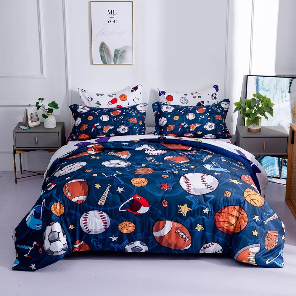Wajade Sports Comforter Set Bed in A Bag Twin Size 7 Piece 3D Soccer Basketball Baseball Football Bedding Set for Kids Boys (1 Comforter, 1 Flat Sheet, 1 Fitted Sheet, 2 Pillowcase and 2 Pillow Sham)