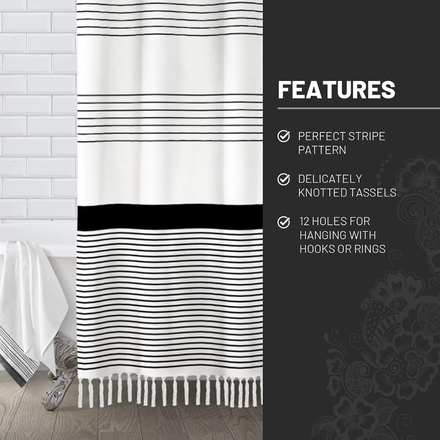 Awellife Black Boho Stripe Shower Curtain for Bathroom with Tassel 72 X 72 Farmhouse Cotton