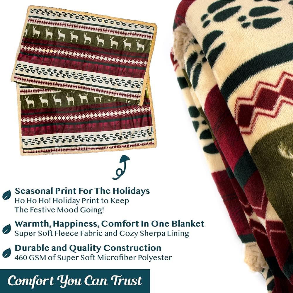 PAVILIA Christmas Sherpa Blanket Throw King Bed| Red Flannel Fleece Christmas Decoration Blanket| Plush, Warm, Soft Cozy Reversible Winter Holiday Blanket 90x108